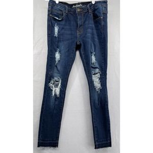 Machine distressed skinny blue jeans Sz 11/31